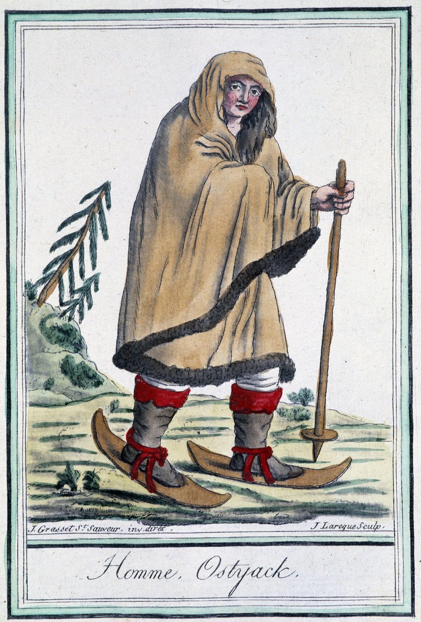 Ostyack man on skis - in "Encyclopédie des voyages" de Grasset Saint Sauveur, ed. Paris 1796 de Jacques Grasset de Saint Sauveur