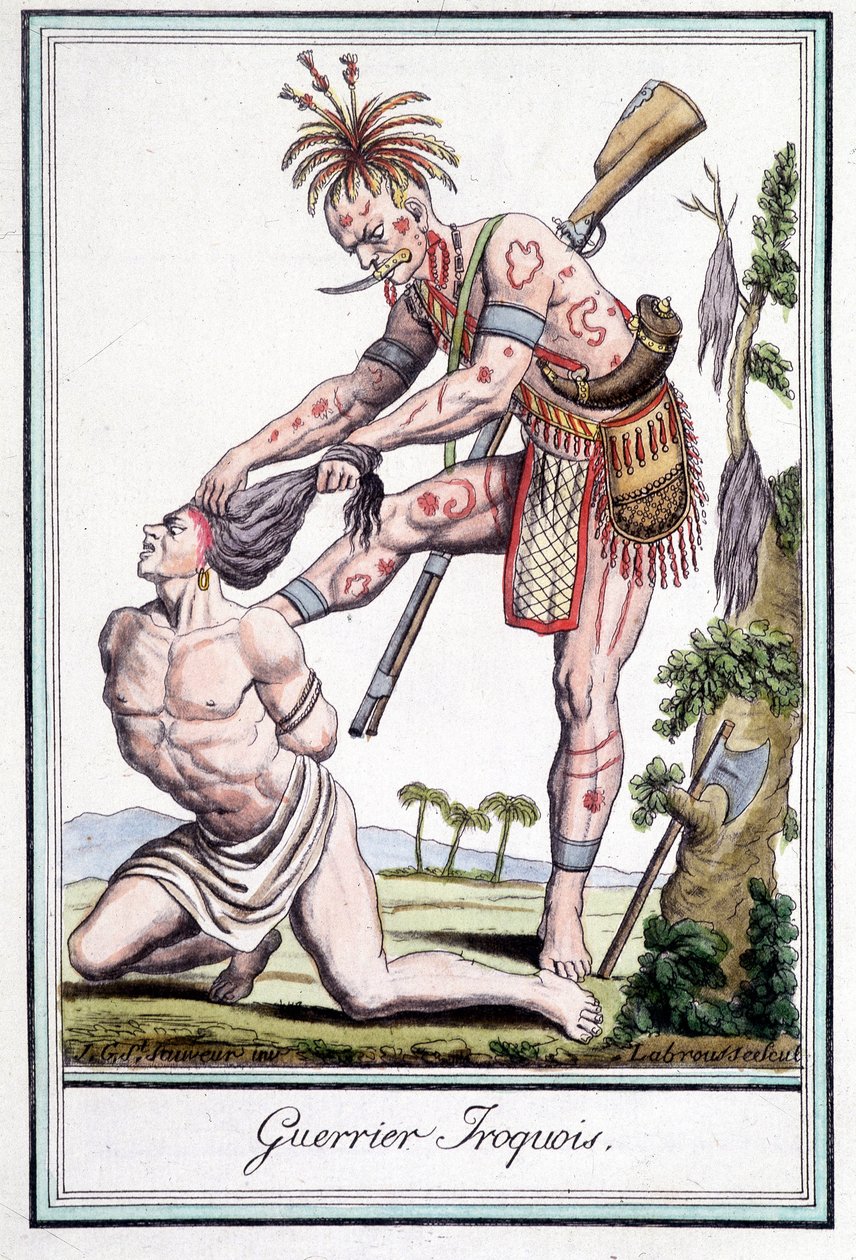 Guerreiro iroquês escalpando seu inimigo - na "Enciclopédia das viagens" de Grasset St Sauveur, Paris de Jacques Grasset de Saint Sauveur