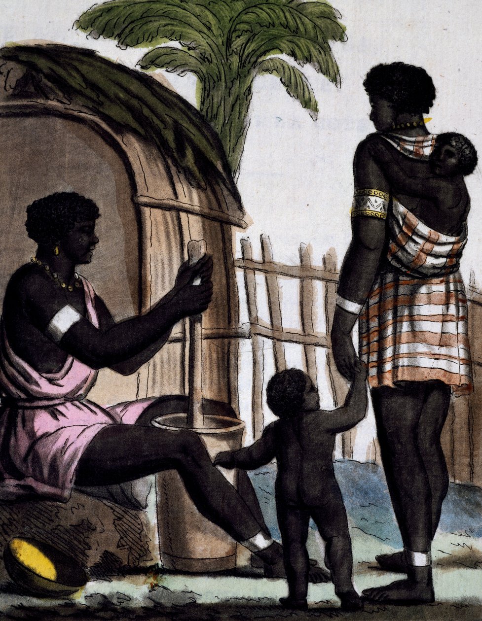 Issinia mulheres trabalhando arroz, gravura colorida de desenho de Labrousse (ativo 1796), da Enciclopédia das viagens, de Jacques Grasset de Saint-Sauveur (1757-1810) de Jacques Grasset de Saint Sauveur