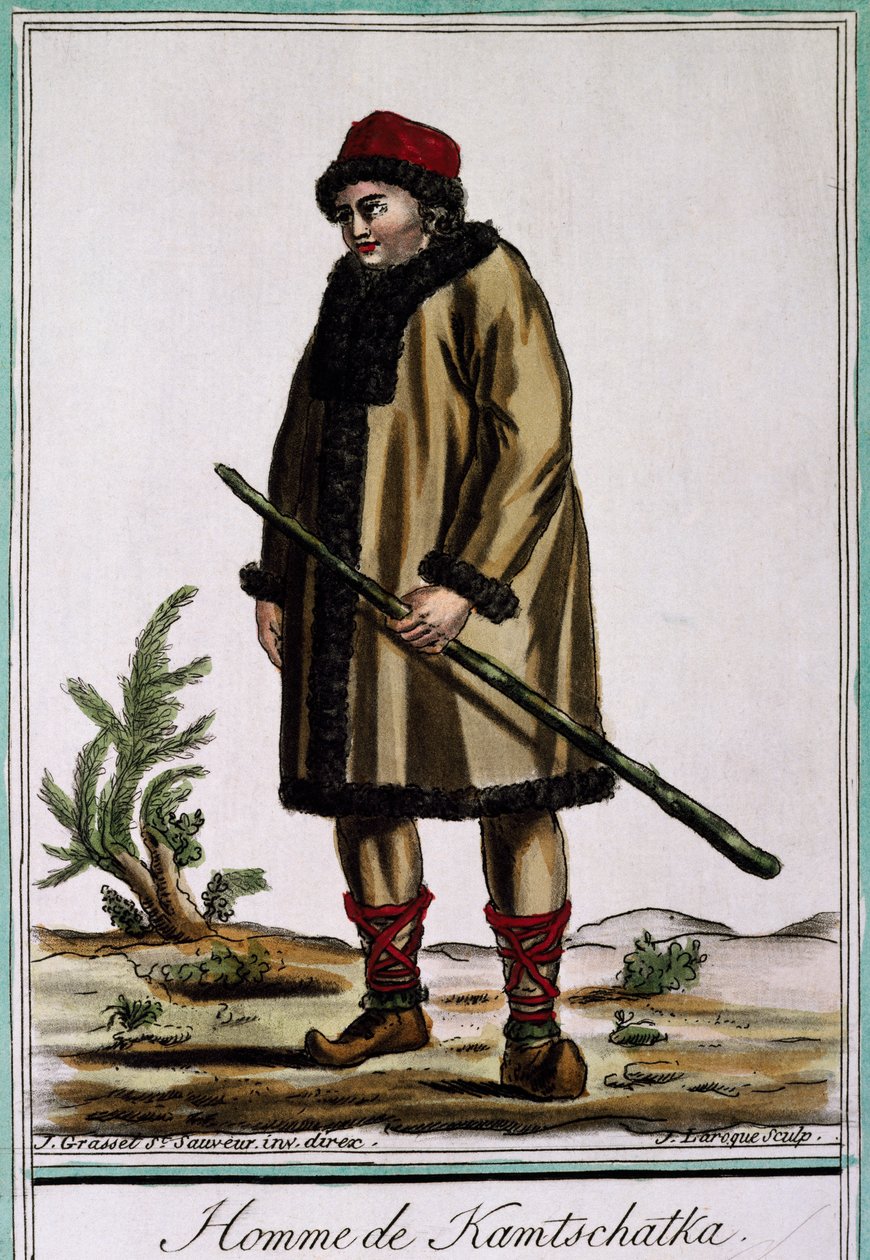 Kamchatka man, gravura colorida por Laroque, Rússia de Jacques Grasset de Saint Sauveur