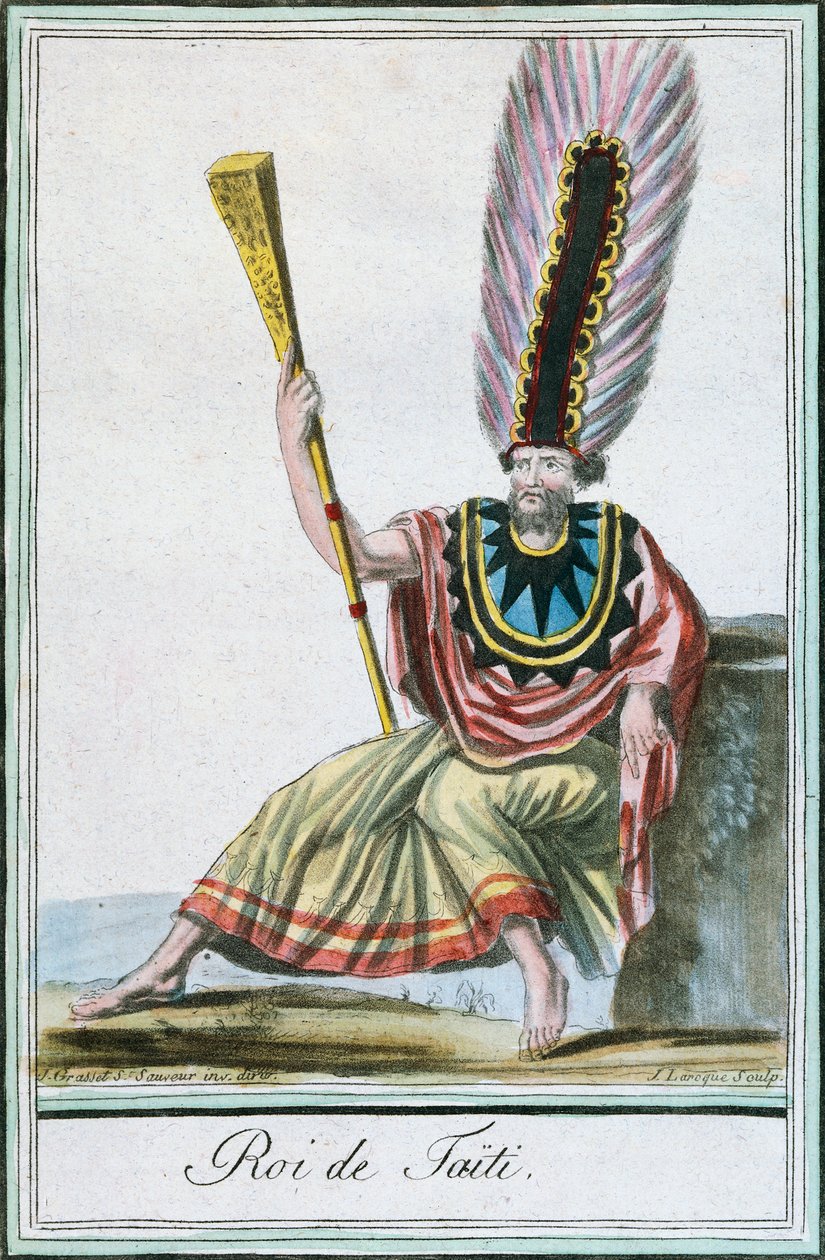 Rei do Taiti, Ilhas da Sociedade, gravura a cores do desenho de Labrousse (activo 1796) de Encyclopedie des Voyages de Jacques Grasset de Saint-Sauveur (1757-1810) de Jacques Grasset de Saint Sauveur