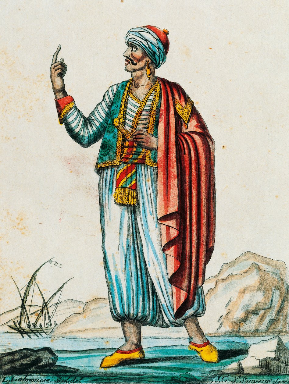 Fato masculino de estados bárbaros e muçulmanos, gravura colorida de desenho de Labrousse (ativo 1796), de Encyclopedie des Voyages, de Jacques Grasset de Saint-Sauveur (1757-1810) de Jacques Grasset de Saint Sauveur