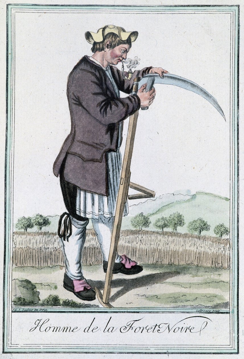 Homem da Floresta Negra, afiando sua falsificação para a colheita - in" Encyclopedia of Voyages" de Grasset St Sauveur, ed. Deroy, Paris de Jacques Grasset de Saint Sauveur