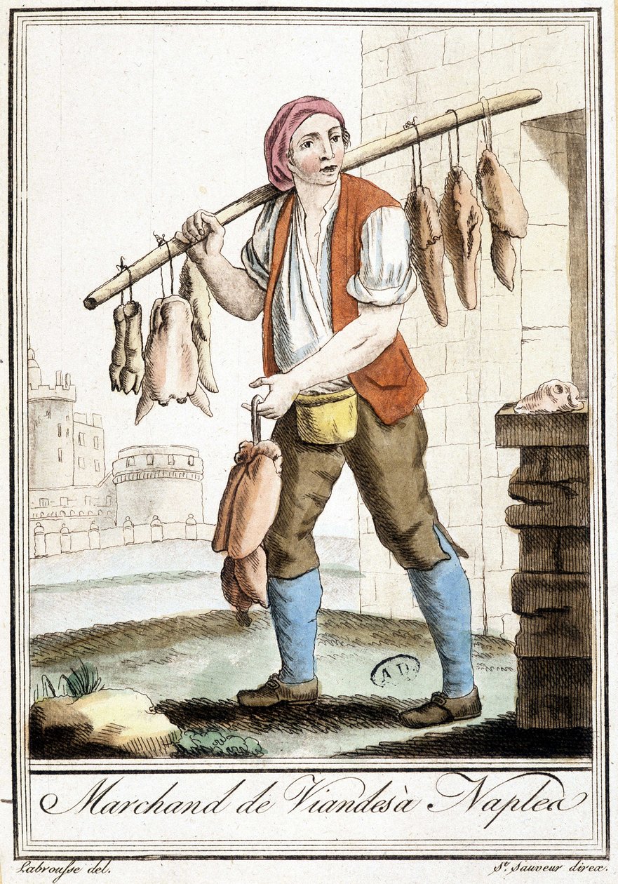 Comerciante de carne em Nápoles - na "Encyclopedia of travels" de Grasset St Sauveur, Paris de Jacques Grasset de Saint Sauveur