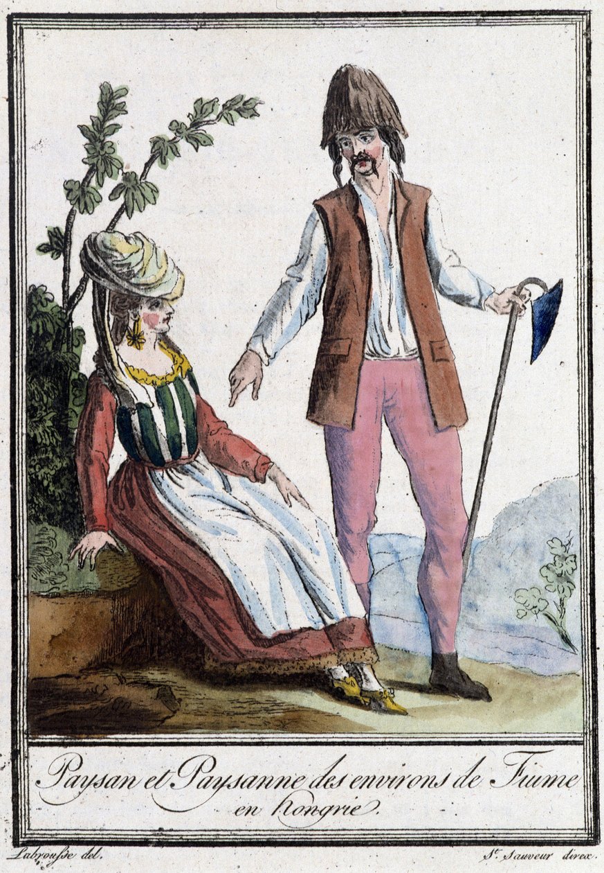 Camponês e camponês de Fiume (Croácia) - in "Encyclopedia of Travels" de Grasset St Sauveur, ed. 1796 (gravura) de Jacques Grasset de Saint Sauveur