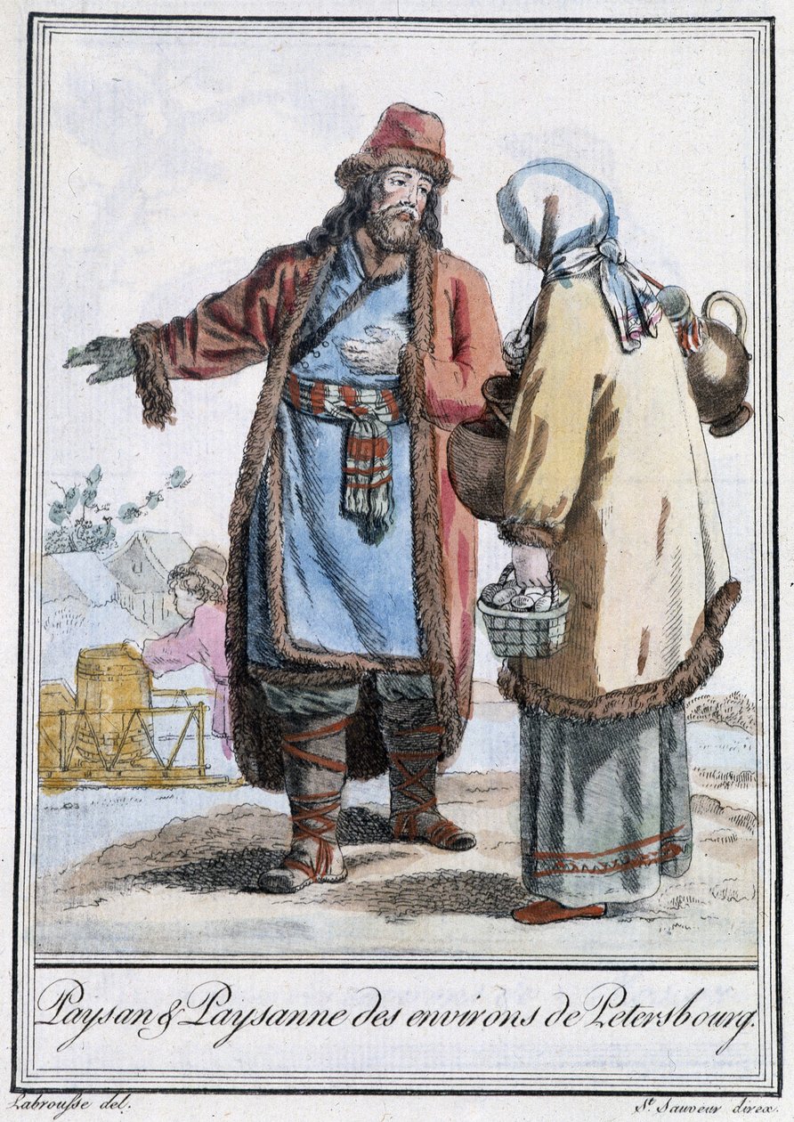 Camponês e camponês de Petersburgo - in "Encyclopedia of Travels" de Grasset St Sauveur, ed. 1796 de Jacques Grasset de Saint Sauveur
