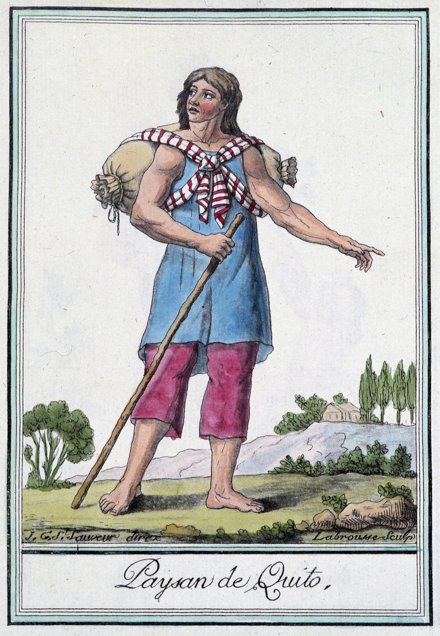 Peasant de Quito (Equador) - na "Encyclopedia of Travels" de Grasset St Sauveur, ed. 1796 de Jacques Grasset de Saint Sauveur
