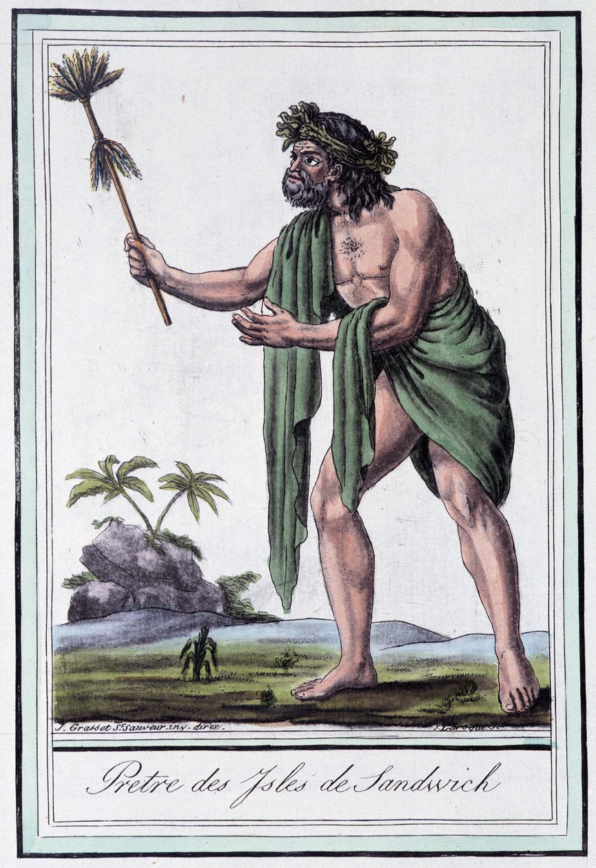 Sacerdote das Ilhas Sandwich - na "Encyclopédie des voyages" de Grasset Saint Sauveur, ed. Paris 1796 de Jacques Grasset de Saint Sauveur
