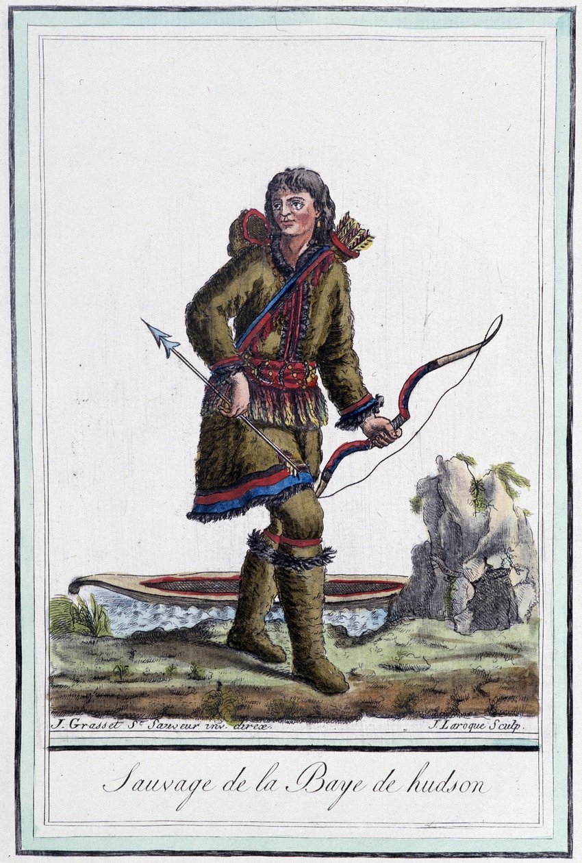 Índio de Hudson Bay (Canadá) - na "Encyclopedia of Voyages" de Grasset St Sauveur, ed. 1796 de Jacques Grasset de Saint Sauveur