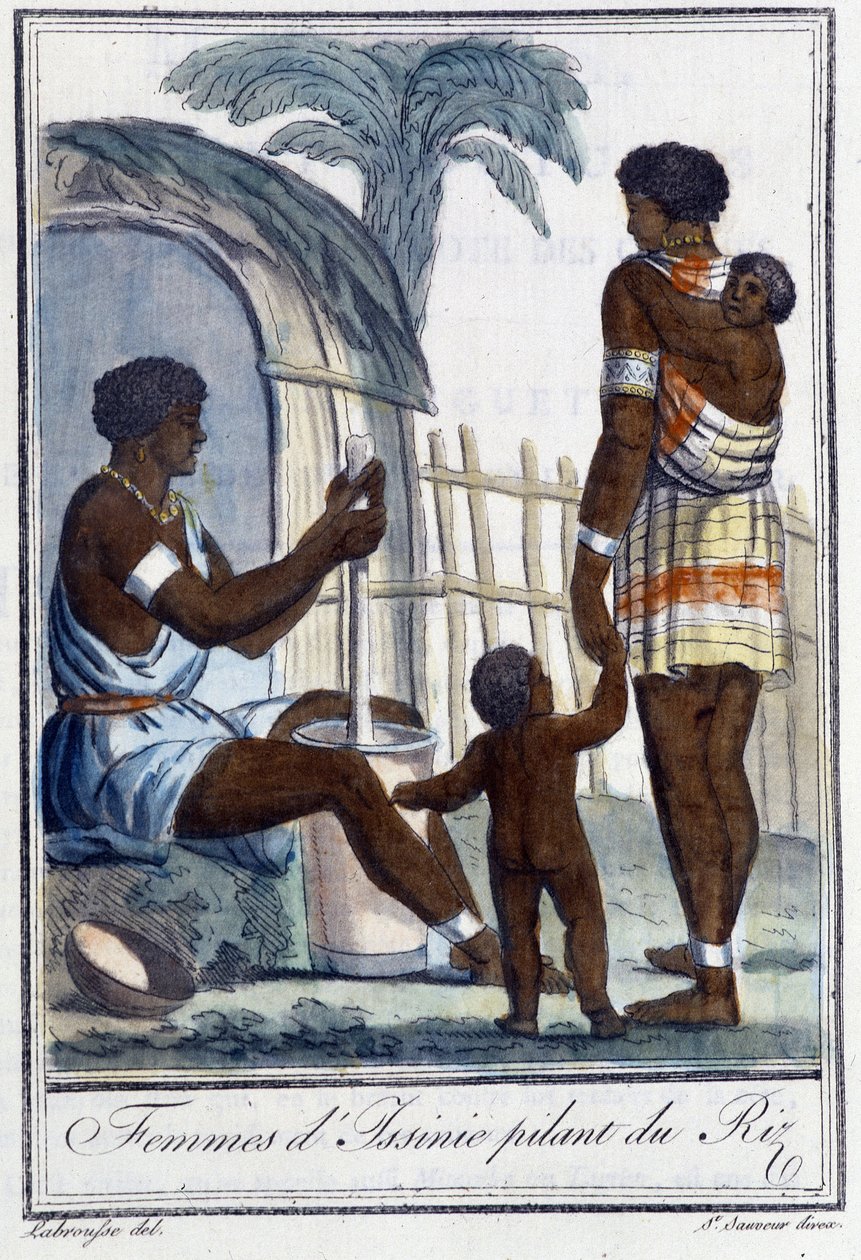 Mulheres de Issinie a bater o arroz - in "Encyclopedia of Travels" de Grasset St Sauveur, ed. 1796 de Jacques Grasset de Saint Sauveur
