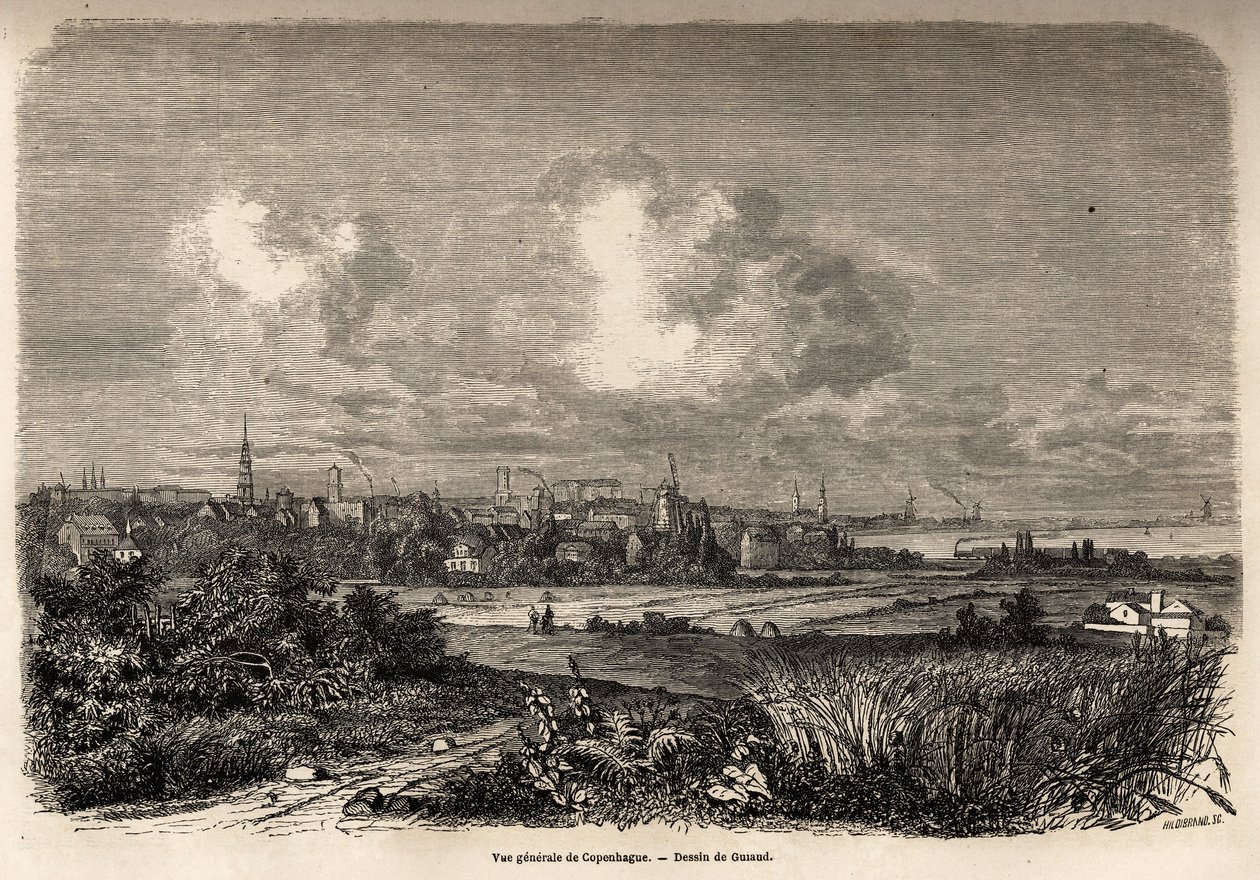 Vista geral de Copenhaga, desenho de Jacques Guiaud (1810-1876), para ilustrar a viagem de J.M.Dargaud à Dinamarca (1800-1860), em 1860. Gravura em "Le tour du monde", editado por Edouard Charton de Jacques Guiaud