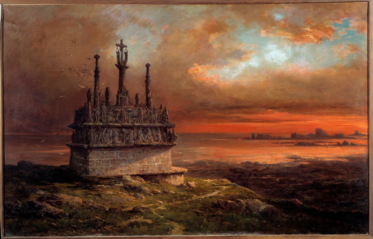 O Calvário do Tronoen na Pintura do Pôr-do-Sol por Jacques Guiaud (1811-1876) Brest do século XIX, Musee des Beaux Arts de Jacques Guiaud