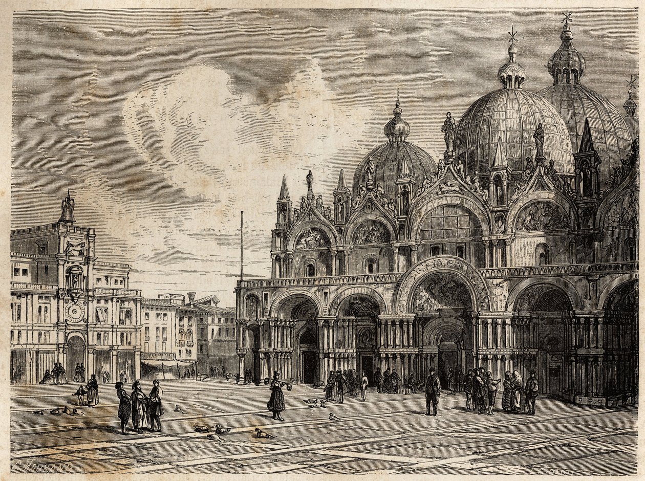 A praça e a igreja de São Marcos, desenhada por Jacques Guiaud (1810-1876), para ilustrar a viagem de Adalbert de Beaumont a Veneza, por volta de 1850. Gravura em "Le tour du monde", editado por Edouard Charton de Jacques Guiaud