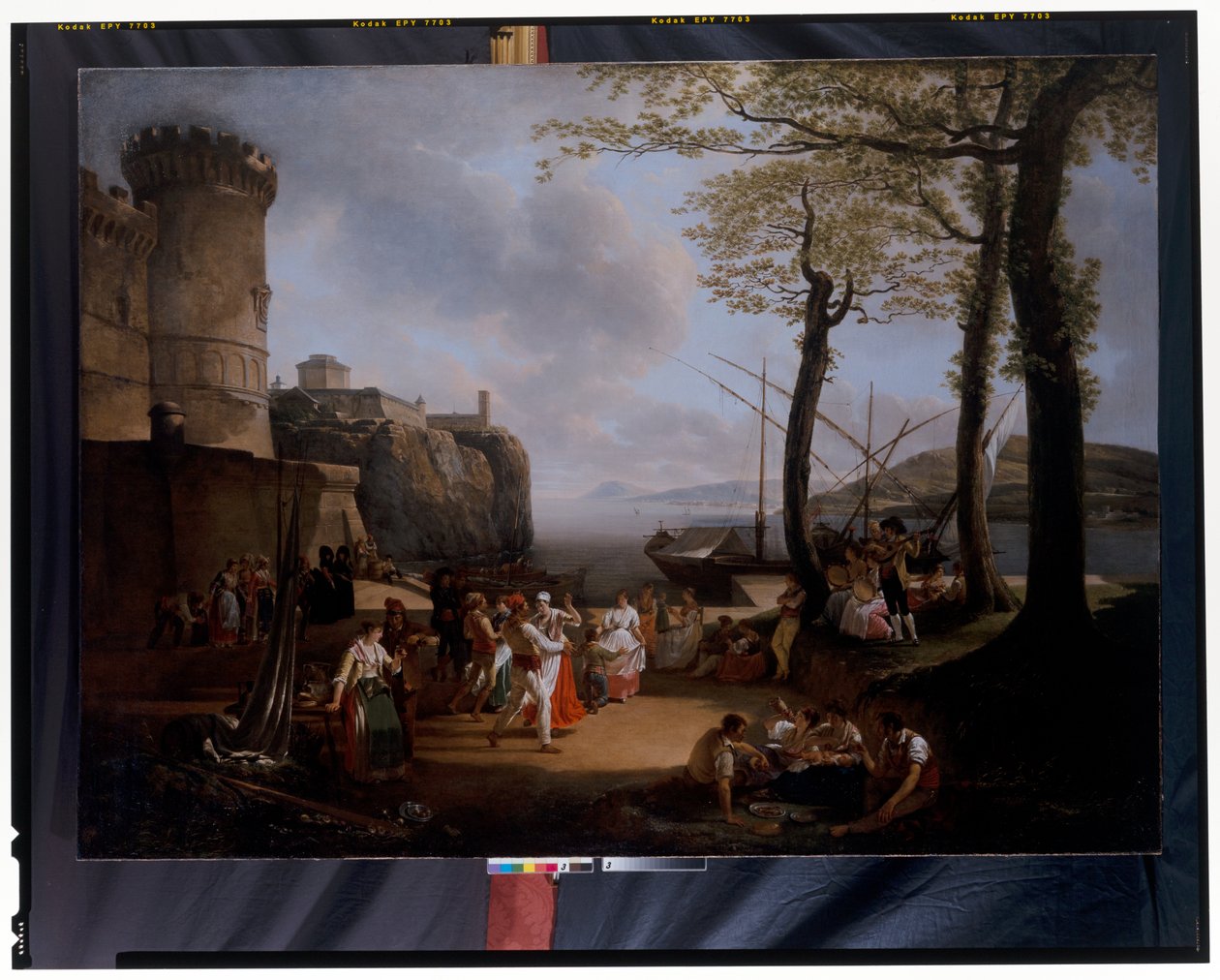 La Tarantelle: uma paisagem costeira nocturna com camponeses napolitanos a dançar a Tarantella de Jacques Henri Sablet