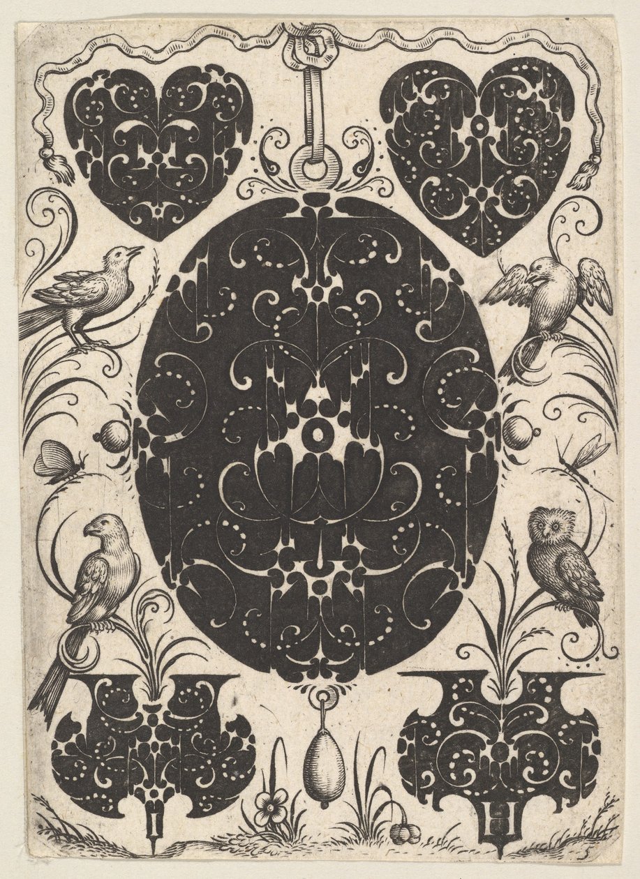 Pingente Oval Decorado com Schweifwerk, Rodeado de Motivos Menores e Quatro Pássaros, ca. 1614-19. de Jacques Hurtu