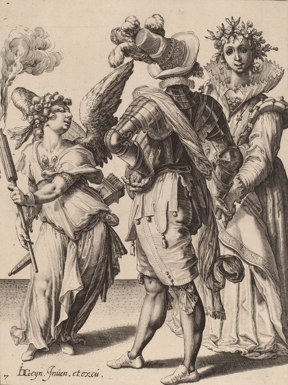 Um Cupido de Olhos Vendados Segurando uma Tocha Antes de um Casal, atribuído a Zacharias Dolendo, 1595-6 (gravura sobre papel avergoado) de Jacques II de Gheyn