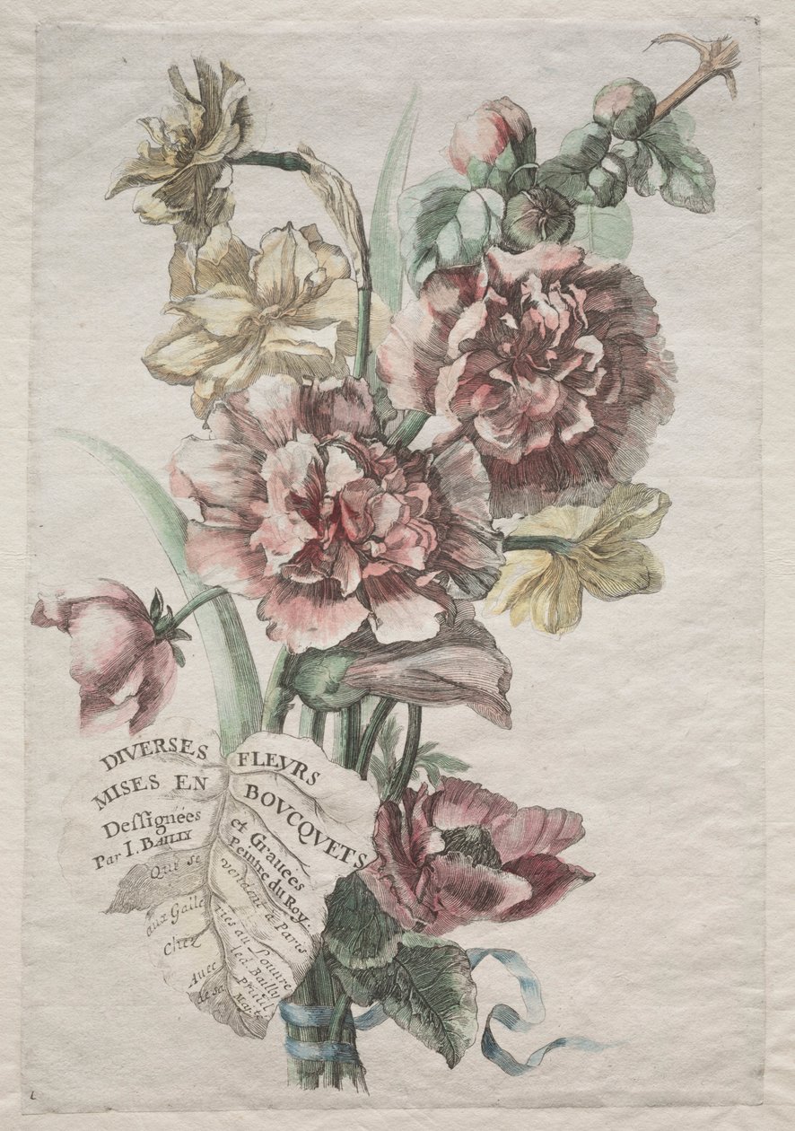 Várias flores em buquês: No. 1 - Hollyhocks and Narcissus, c. 1670. de Jacques I Bailly