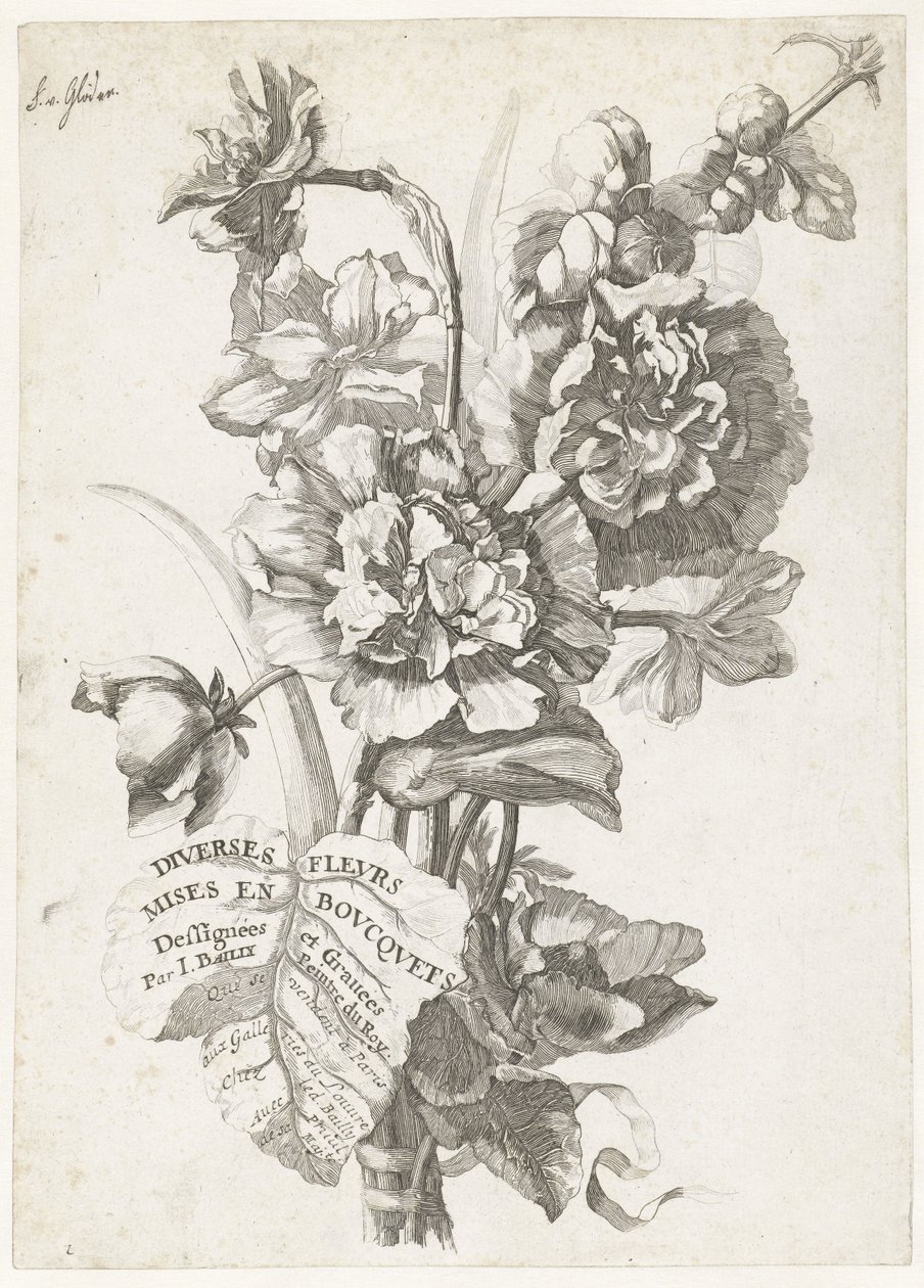 Página de rosto com um buquê de peônias, de Diversos Fleurs mises en Boucquets, c.1670 de Jacques I Bailly