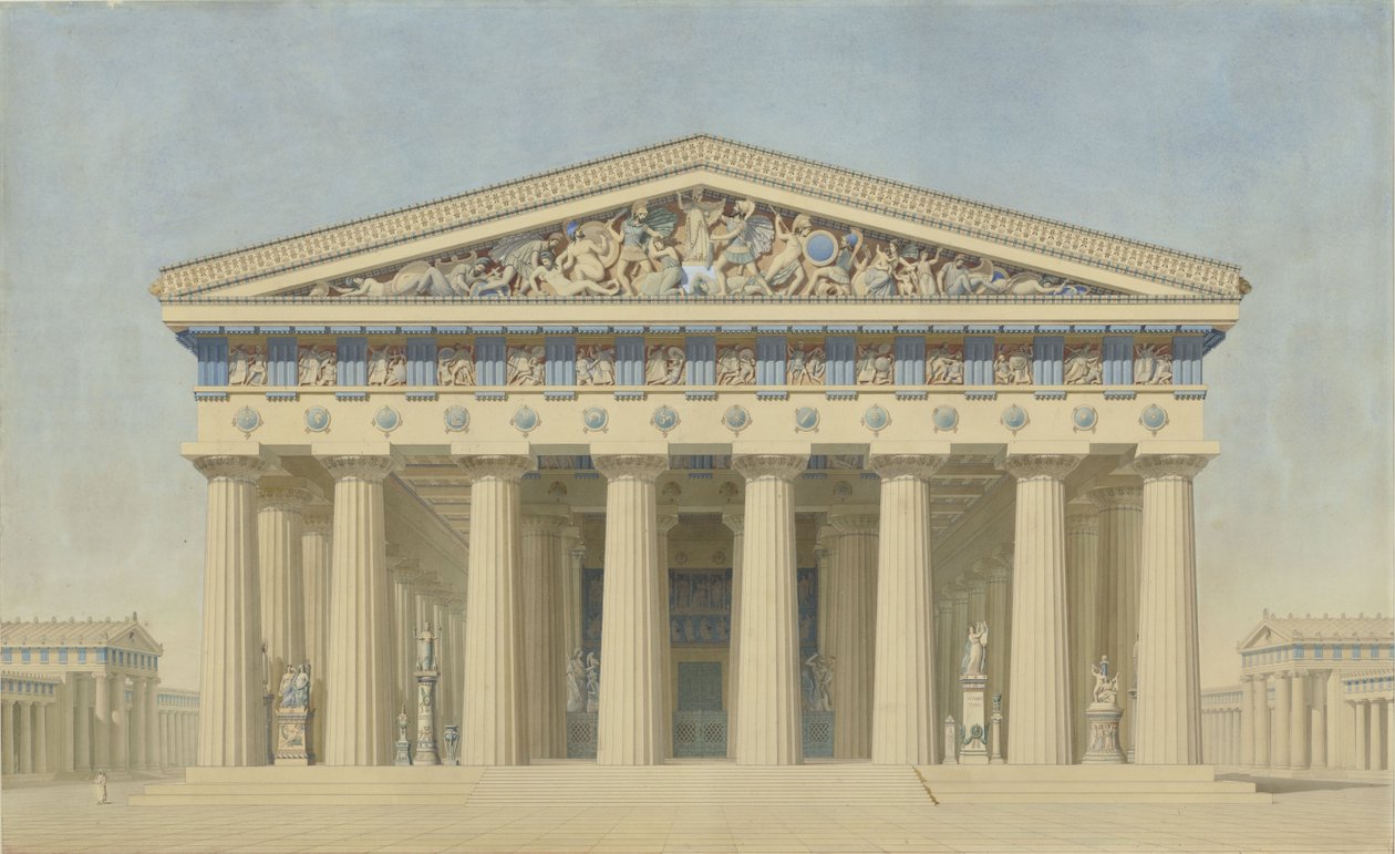 Templo T de Selinunte (Sicília), alçado restaurado da fachada principal de Jacques Ignace Hittorff