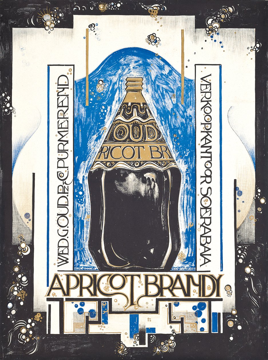Cartaz de propaganda de aguardente de damasco, para o vendedor de vinho e xerez Oud, c.1920 (cor lito) de Jacques Jongert