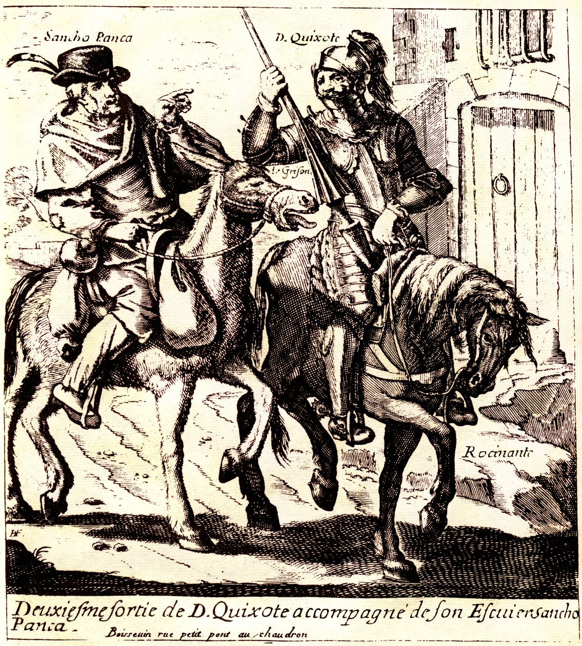 Dom Quixote no Rossinante, acompanhado por Sancho Pança no seu burro Grison, cerca de 1640 (ilustração) de Jacques Lagniet
