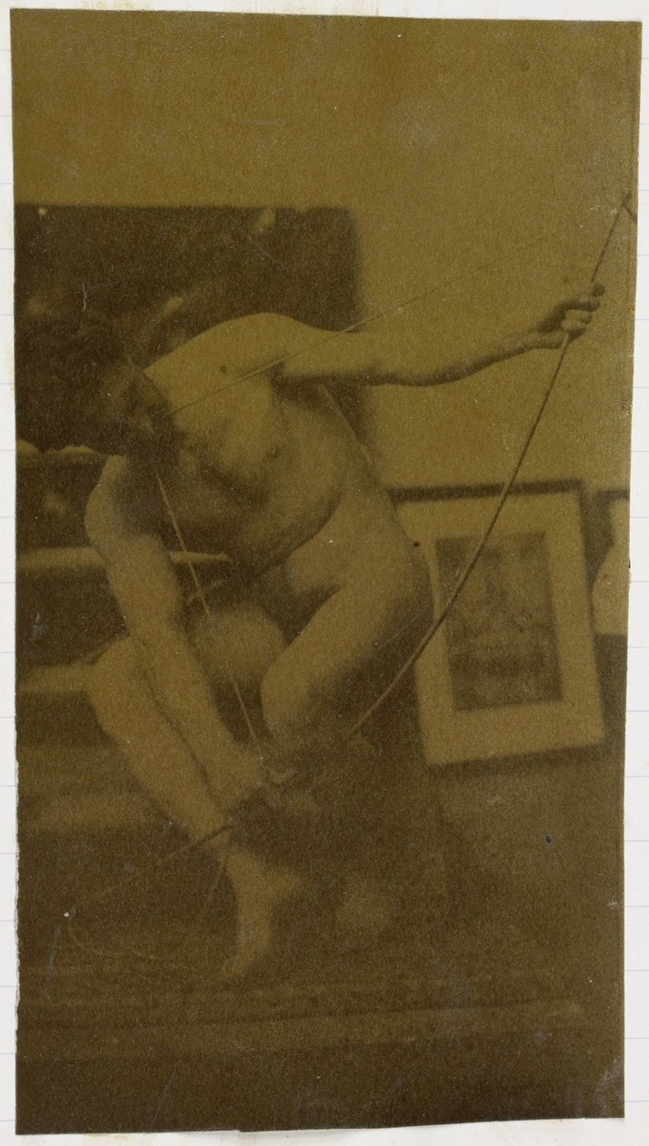Estudo de um modelo nu masculino, agachado com um laço na mão, visto de frente, no estúdio de Jacques de Lalaing de Jacques Lalaing (attributed to)