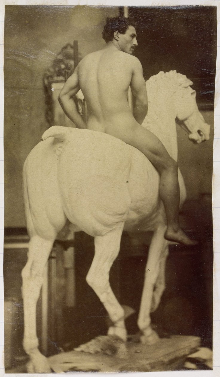 Estudo de um modelo nu masculino, sentado em um cavalo de gesso, no estúdio de Jacques de Lalaing, possível estudo preliminar para Retrato Equestre, Museu de Belas Artes de Ghent de Jacques Lalaing (attributed to)