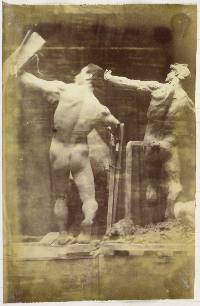 Estudo de um modelo nu masculino, visto de costas e à mão em um andaime, ao lado de um modelo de gesso exatamente na mesma pose, no estúdio de Jacques de Lalaing de Jacques Lalaing (attributed to)
