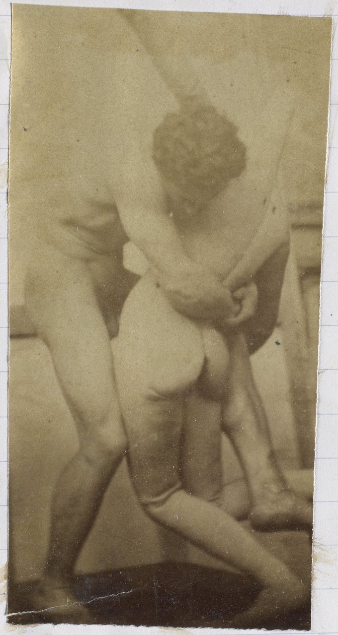 Estudo de um modelo masculino nu, em pé e lutando com boneca membro, no estúdio de Jacques de Lalaing, possivelmente estudo preliminar para a pintura Os Lutadores de Jacques Lalaing (attributed to)