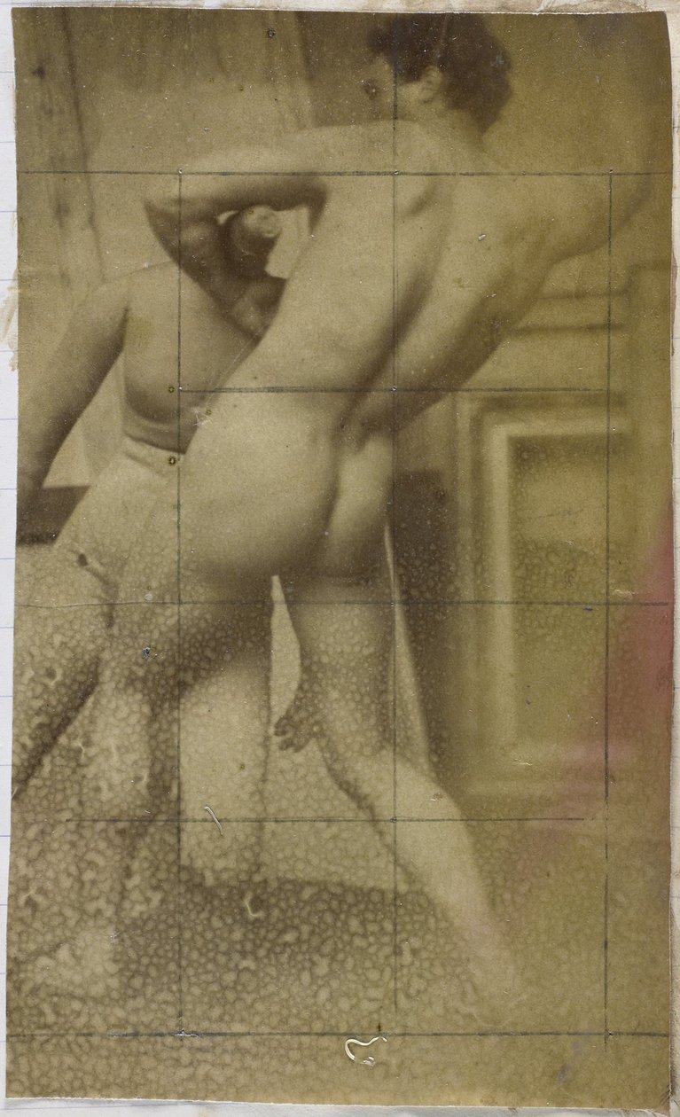 Estudo de um modelo masculino nu, em pé, visto por trás e lutando com manequim, no estúdio de Jacques de Lalaing, possivelmente estudo preliminar para a pintura Os Lutadores de Jacques Lalaing (attributed to)