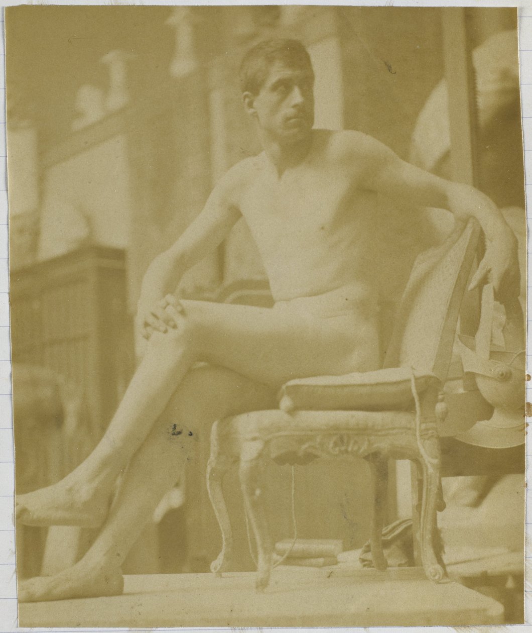 Estudo de um modelo nu masculino, sentado numa poltrona e visto de trás, no estúdio de Jacques de Lalaing de Jacques Lalaing (attributed to)