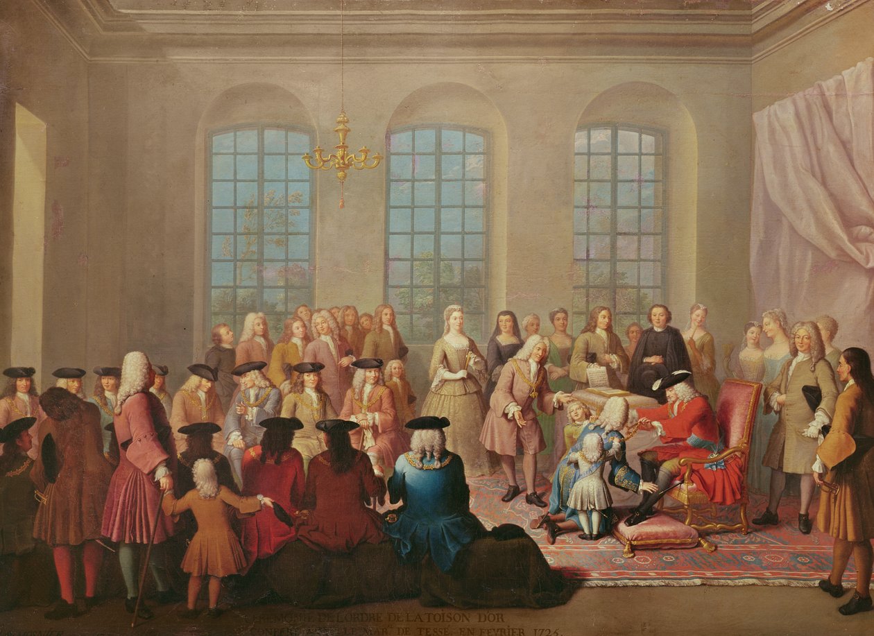 Philip V de Espanha entrega o Velo de Ouro ao Marechal de Tesse como embaixador francês em Espanha em 1724 de Jacques Laumosnier