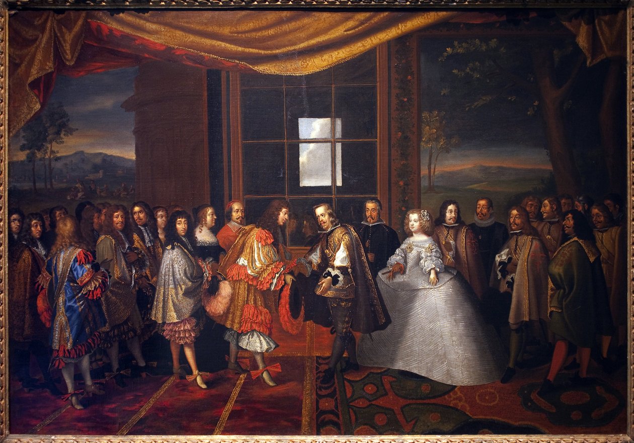 Guerra dos Trinta Anos: “” Entrevista do Rei da França Luís XIV (1638-1715) e Filipe IV da Espanha (1605-1665) na ilha de Paisans em 11/07/1659”” A Espanha concorda em assinar o Tratado da Pirineus. A filha de Filipe IV, Marie Therese (Marie-Therese) de Jacques Laumosnier