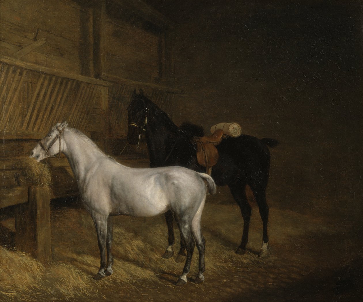 Um pônei cinza e um carregador preto em um estábulo (óleo sobre tela) de Jacques Laurent Agasse