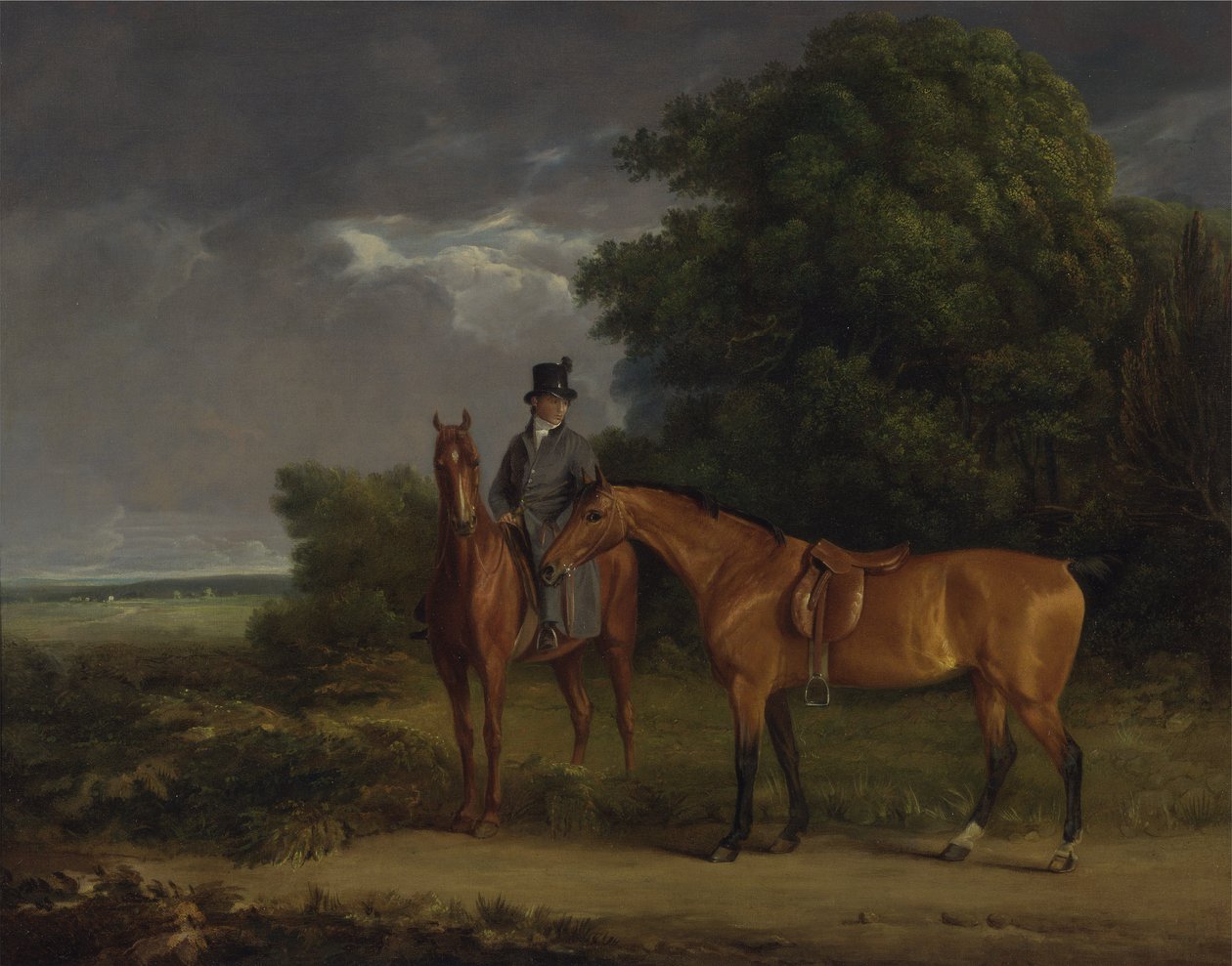 Um noivo montado em um caçador de castanhas, ele segura um caçador de baios pelas rédeas (óleo sobre tela) de Jacques Laurent Agasse