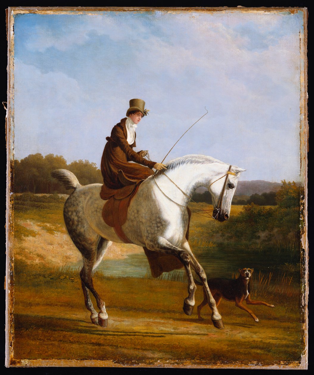 Miss Cazenove em um Grey Hunter, um cachorro correndo ao lado de Jacques Laurent Agasse