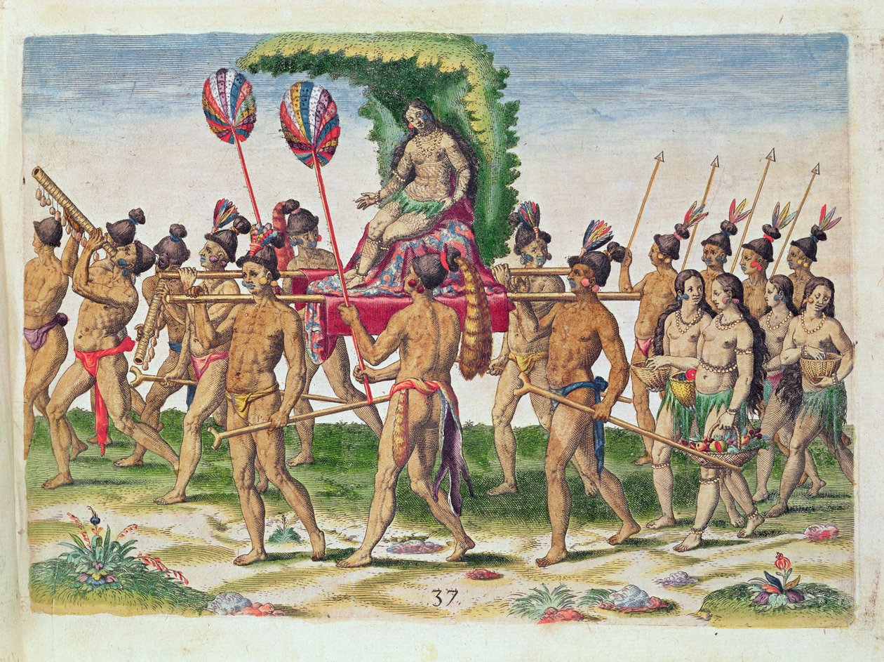 Uma noiva é levada para o chefe, de &39;Brevis Narratio ..&39;, gravada por Theodore de Bry (1528-98), publicada em Frankfurt, 1591 (gravura colorida) de Jacques Le Moyne