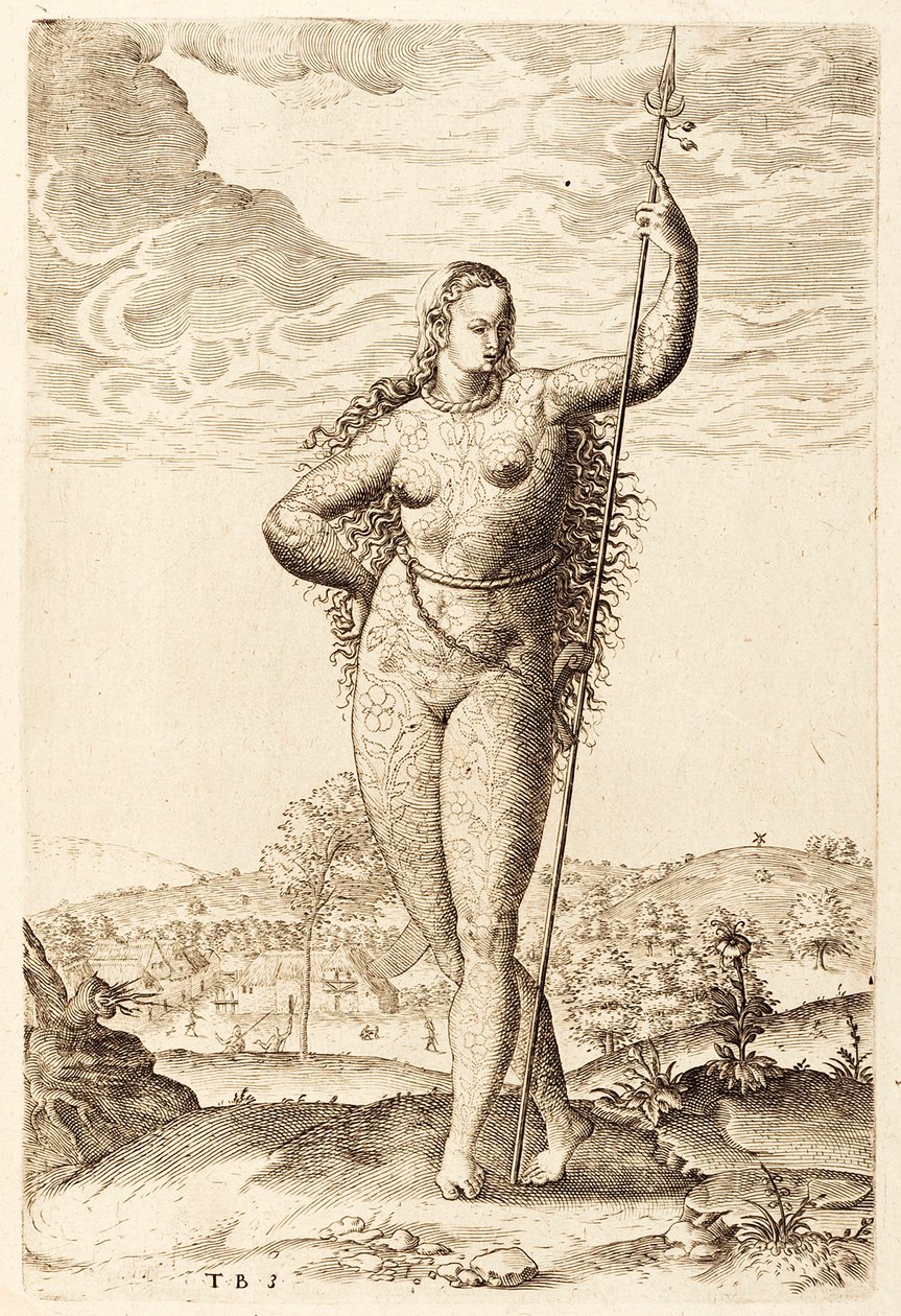 Uma jovem mulher picta, c1585 (gravura bw) de Jacques Le Moyne