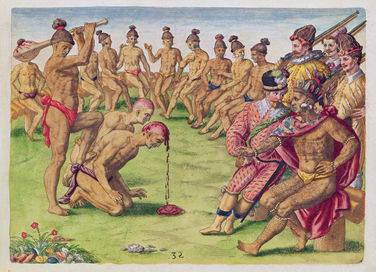 Como um Sentinela foi tratado por negligência, de &39;Brevis Narratio ..&39;, gravado por Theodore de Bry (1528-98) publicado em Frankfurt, 1591 de Jacques Le Moyne
