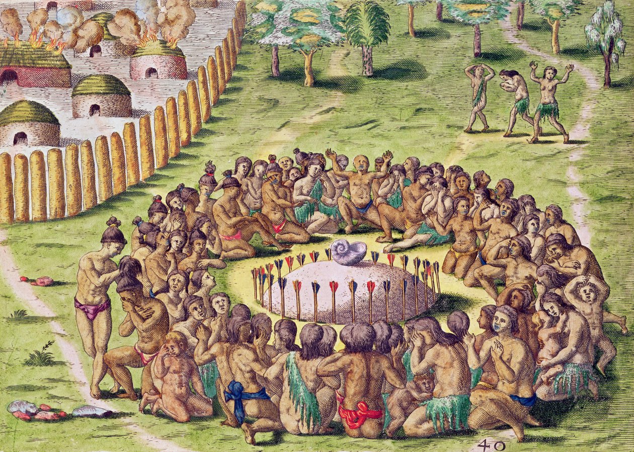 Como o chefe é enterrado, de &39;Brevis Narratio ..&39;, gravado por Theodore de Bry 1528-98) publicado em Frankfurt, 1591 de Jacques Le Moyne