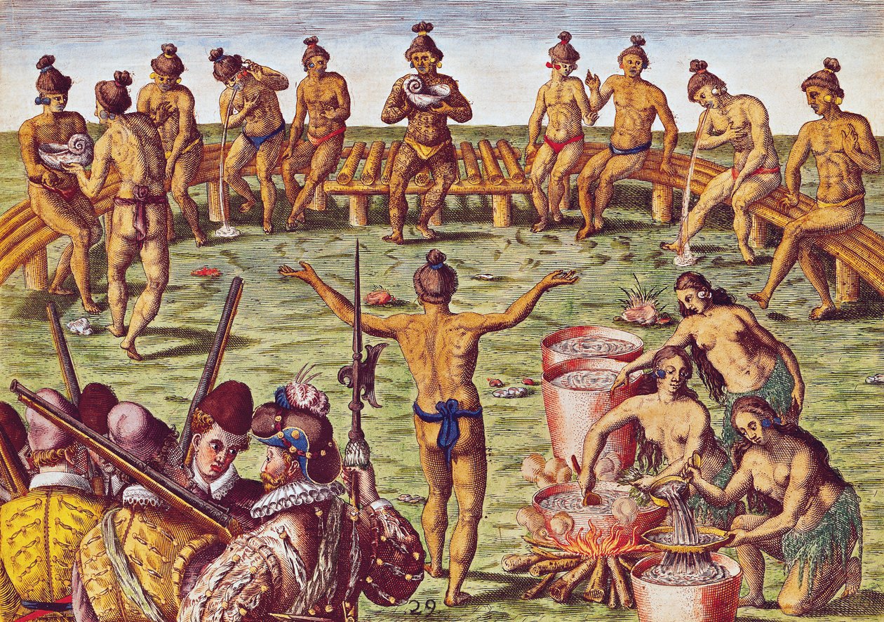 Como os habitantes da Flórida tomaram decisões sobre assuntos importantes, de &39;Brevis Narratio ..&39;, gravada por Theodore de Bry (1528-88) 1563 de Jacques Le Moyne