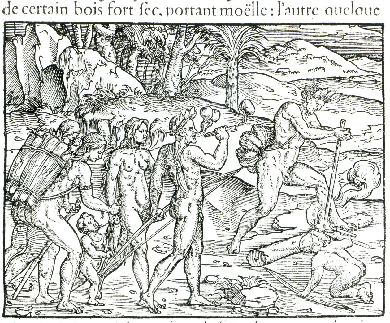 Nativos indianos fazendo fogo depois de caçar, gravados por Theodor de Bry (1525-1575) de Jacques Le Moyne