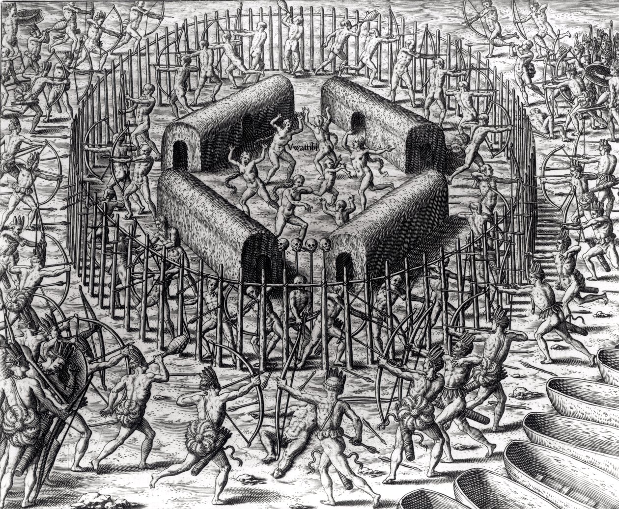 Johannes Staden ajuda a defender os índios que o capturaram contra os Tuppin Tkins, gravados por Theodore de Bry (1528-98), de &39;Americae&39;, 1590 de Jacques Le Moyne
