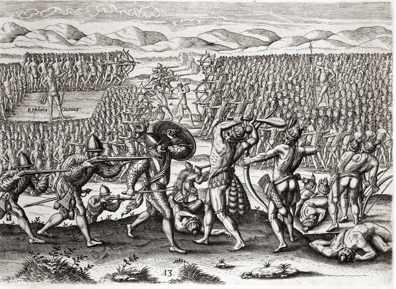 Outina derrota Patanou com a ajuda dos franceses, Flórida, 1564, de "Brevis Narratio" gravada por Theodore de Bry (1528-98) 1591 (ver também 223425 e 173458) de Jacques Le Moyne