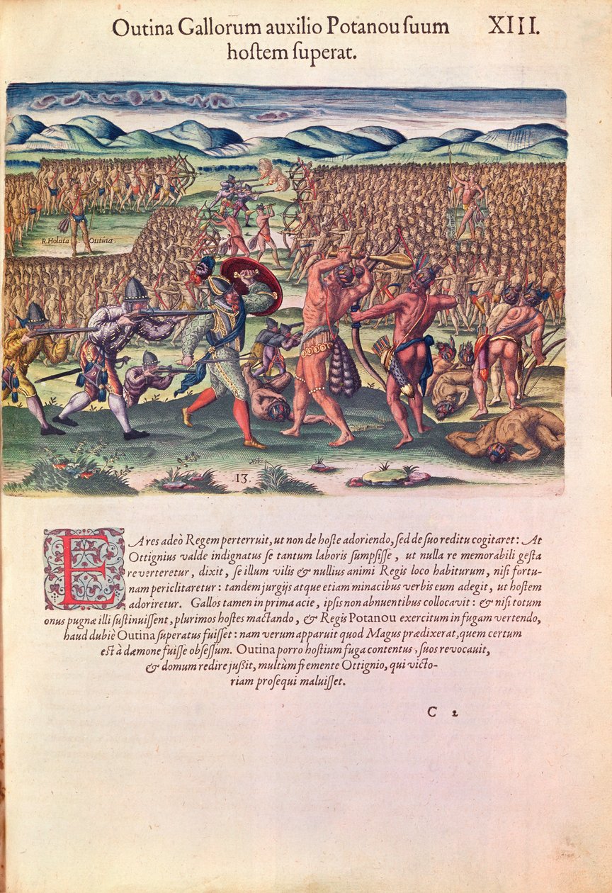 Os franceses ajudam os índios em batalha, de &39;Brevis Narratio ..&39;, gravado por Theodore de Bry (1528-98) publicado em Frankfurt, 1591 (ver também 111679) de Jacques Le Moyne