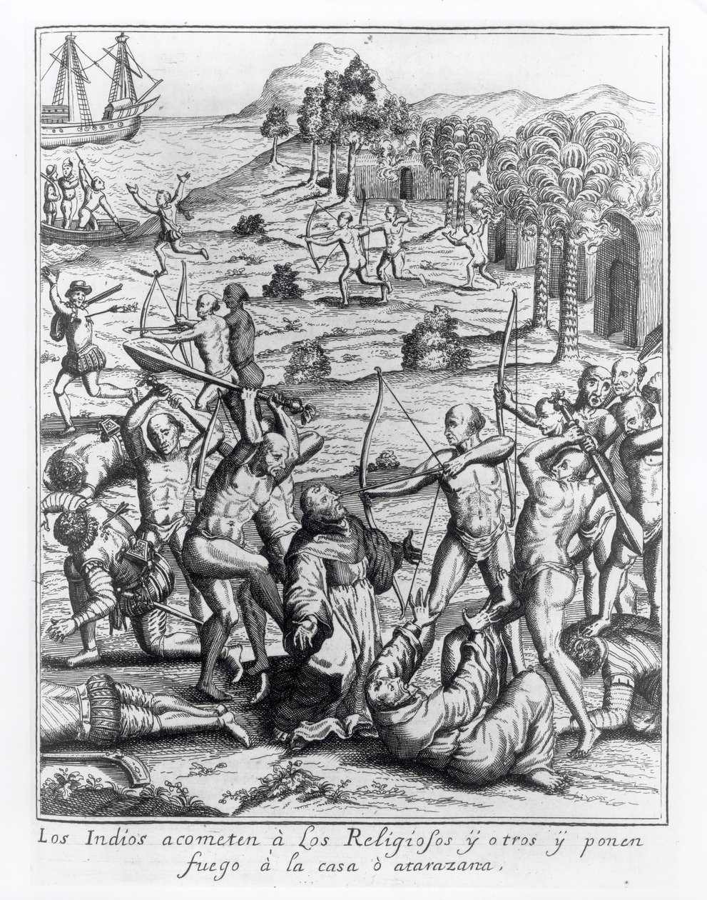 Os índios atacam os sacerdotes e outros e atearam fogo em suas casas, gravados em "Americae", escritos e gravados por Theodor de Bry (1528-98). de Jacques Le Moyne