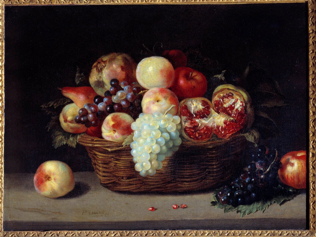 Cesto de granadas, pêssegos e uvas Pintura por Jacques Linard (1600-1645) Sol do século XVII. 0,46x0,61 m de Jacques Linard