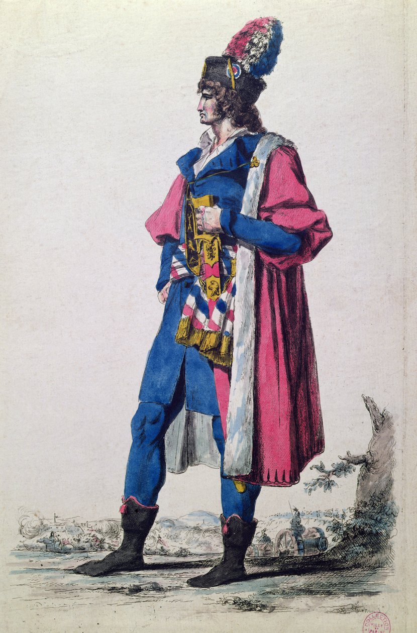 Figurino de um Representante do Povo Francês em 1793, de "A New Collection of Military Costumes from France and other Countries, Old and Modern", Paris de Jacques Louis (after) David