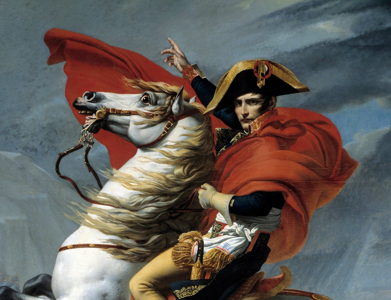 O Primeiro Cônsul Napoleão Bonaparte (1769-1821) atravessando os Alpes no desfiladeiro do Grand Saint-Bernard em maio de 1800 Detalhe. Pintura de Jacques Louis David (1748-1825) Paris do século XIX, Musee de l