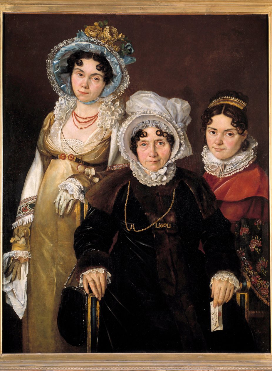 Retrato de Madame de Tangry e suas filhas (Retratos de Isabelle Rose van Tieghem, esposa de Anselme Morel de Tangry, Echevin de Kortrijk e duas de suas filhas). Pintura da escola francesa do século XIX, feita depois de 1816. Pintura original de Jacques Louis (attr.to) David
